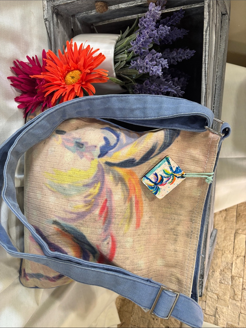 Hand-Painted Multicolor Canvas Shoulder Bag with Light Blue Strap